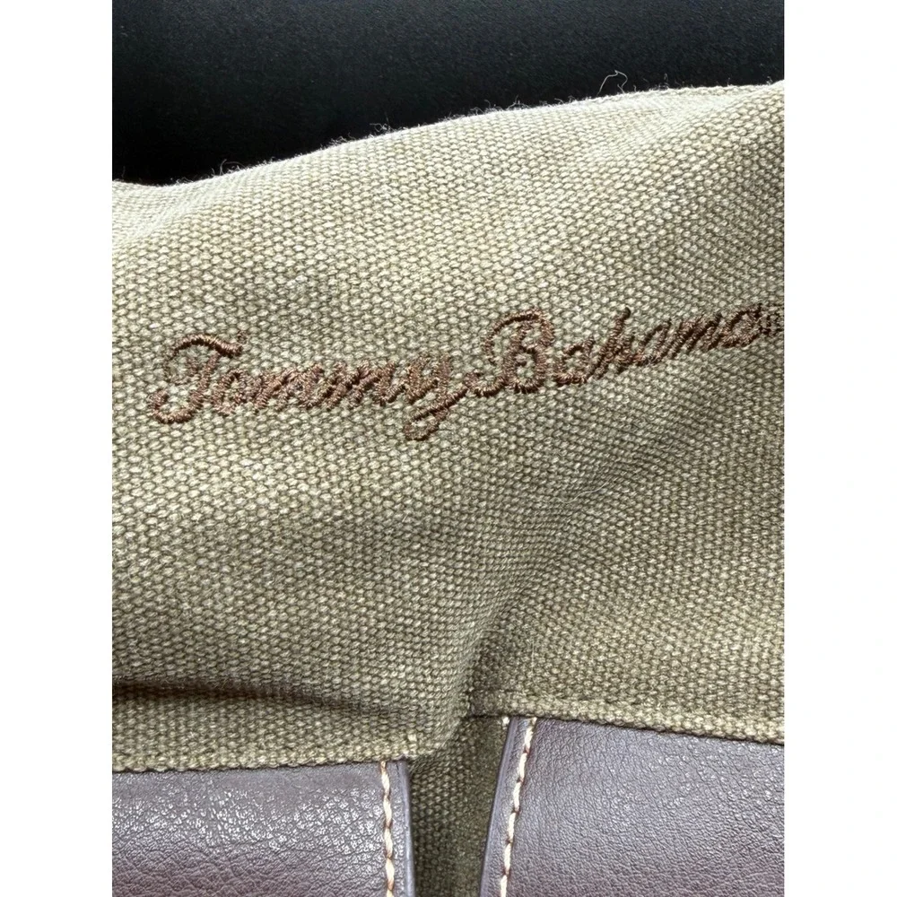 Tommy Bahama Messenger Bag OliveGreen Canvas Brown Faux Leather Laptop Briefcase